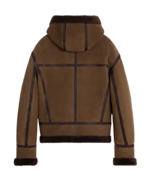 The Jacket World Dark Brown Suede Faux Shearling Aviator Hooded Leather Jacket