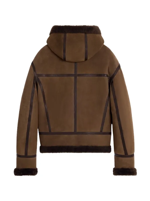 The Jacket World Dark Brown Suede Faux Shearling Aviator Hooded Leather Jacket