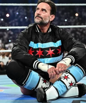 2025 WWE 12th Night of Champions Riyadh CM Punk Black Satin Varsity Jacket