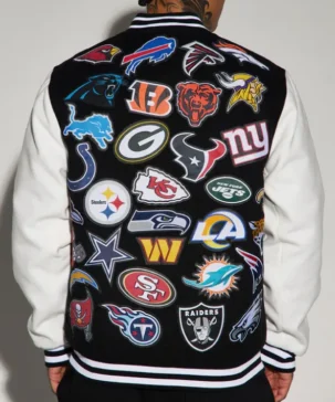 National Football League All-In Multi Team Black and White Wool Varsity Bomber Jacket