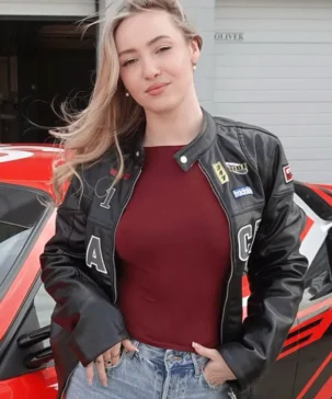 Olivia Hartley Happier in a Ferrari Racer Unisex Black Leather Jacket