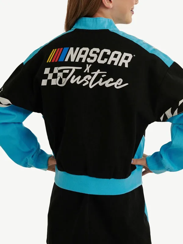 2026 NASCAR X Justice Women's Black and Blue Cropped Cotton Racing Varsity Jacket