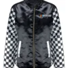 NASCAR Auto Racing Checkered Pattern Ladies Retro Black Satin Jacket
