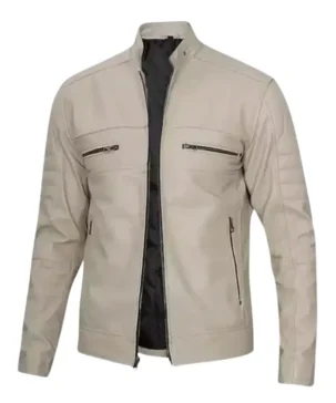The Jacket World 2026 Men's Beige Cafe Racer Leather Jacket